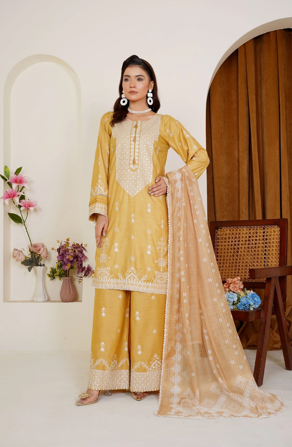 Threads & Weaves Golden Mustard Embroidered Viscose 3-Piece Pret Suit TNW25VSC