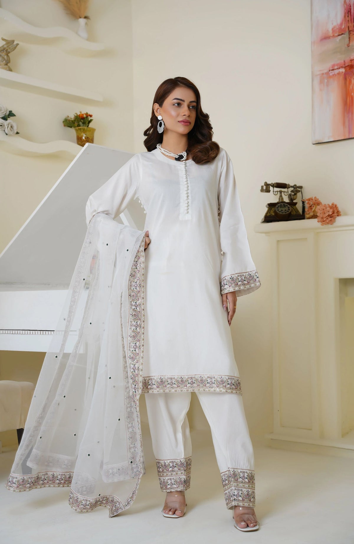 Threads & Weaves Ivory White Embroidered Viscose 3-Piece Suit Ready to Wear TNW25VSC