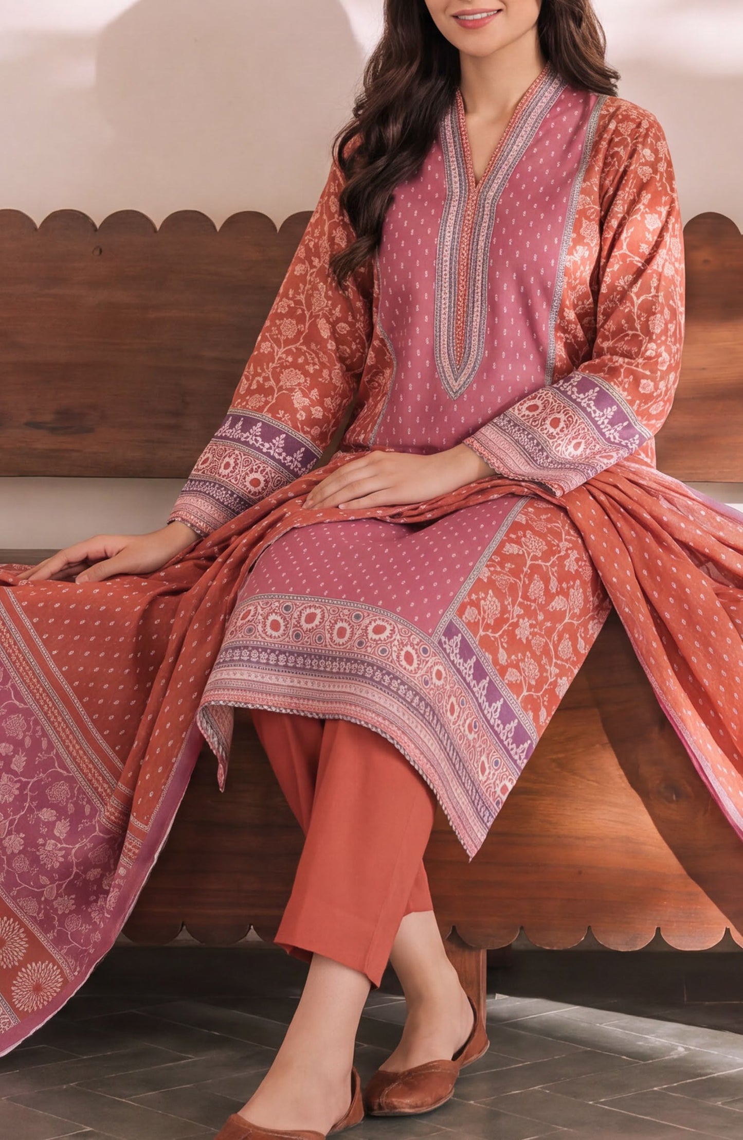 VS Daman Exclusive Printed Cambric Unstitched 3 Piece Suit - D-959 - VS26MB - Rust - Summer Collection