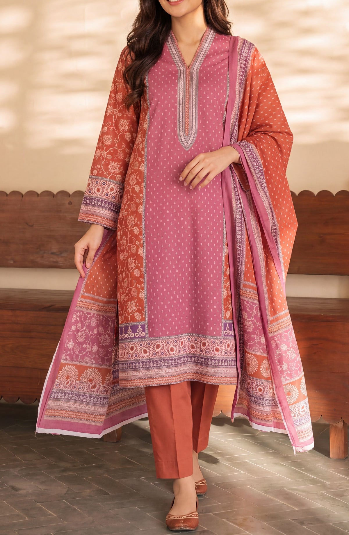VS Daman Exclusive Printed Cambric Unstitched 3 Piece Suit - D-002 - VS26MB - Rust - Summer Collection