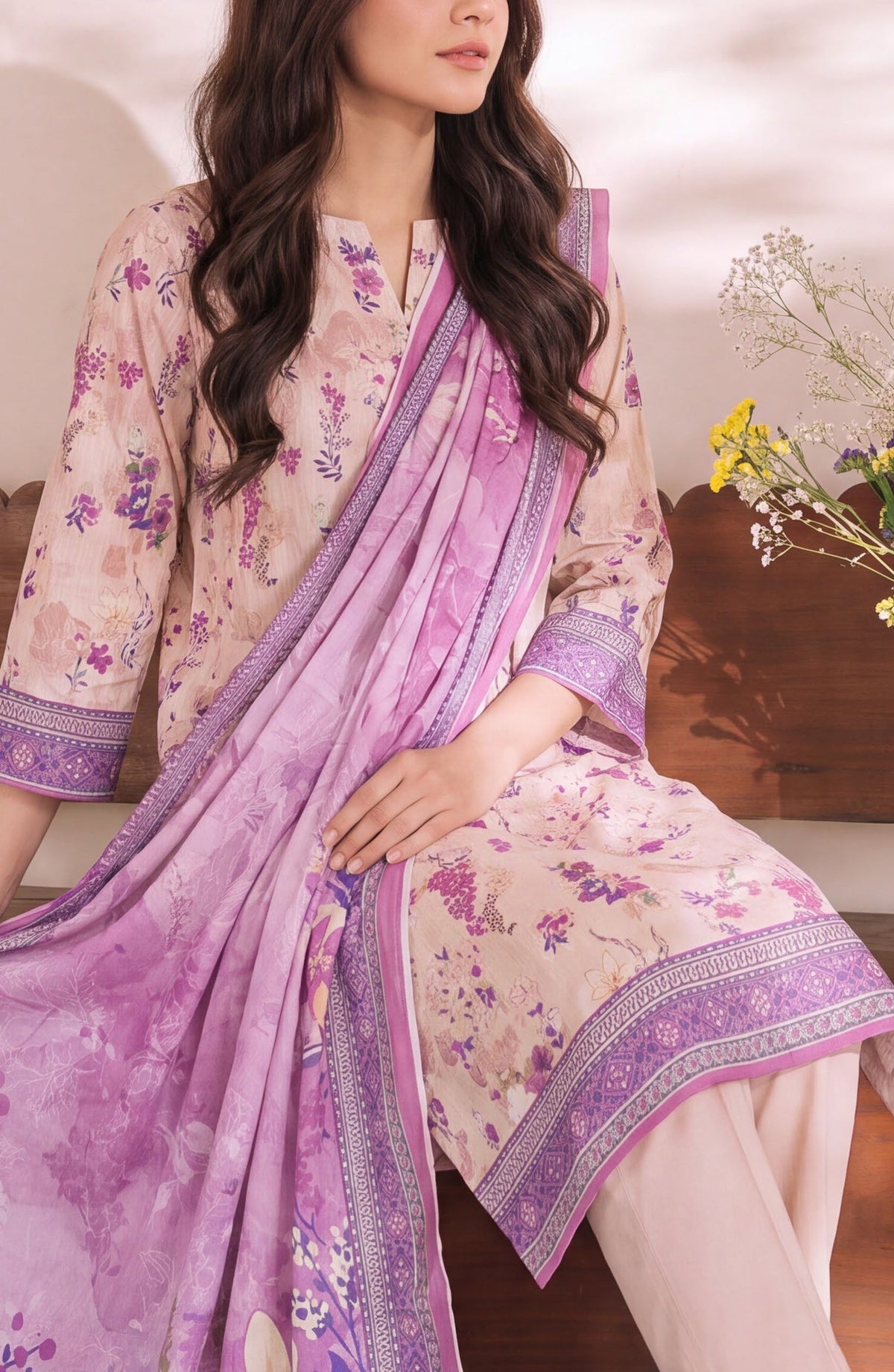 VS Daman Exclusive Printed Cambric Unstitched 3 Piece Suit - D-957 - VS26MB - Pink - Summer Collection