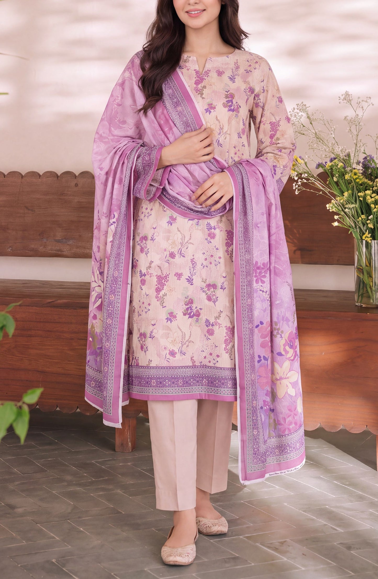 VS Daman Exclusive Printed Cambric Unstitched 3 Piece Suit - D-010 - VS26MB - Pink - Summer Collection