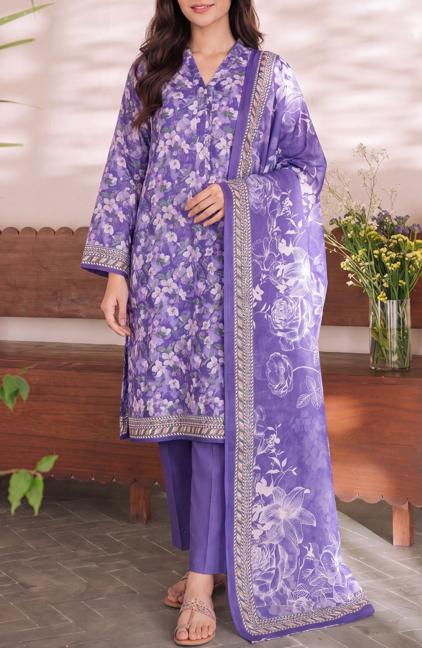 VS Daman Exclusive Printed Cambric Unstitched 3 Piece Suit - D-008 - VS26MB - Blue - Summer Collection