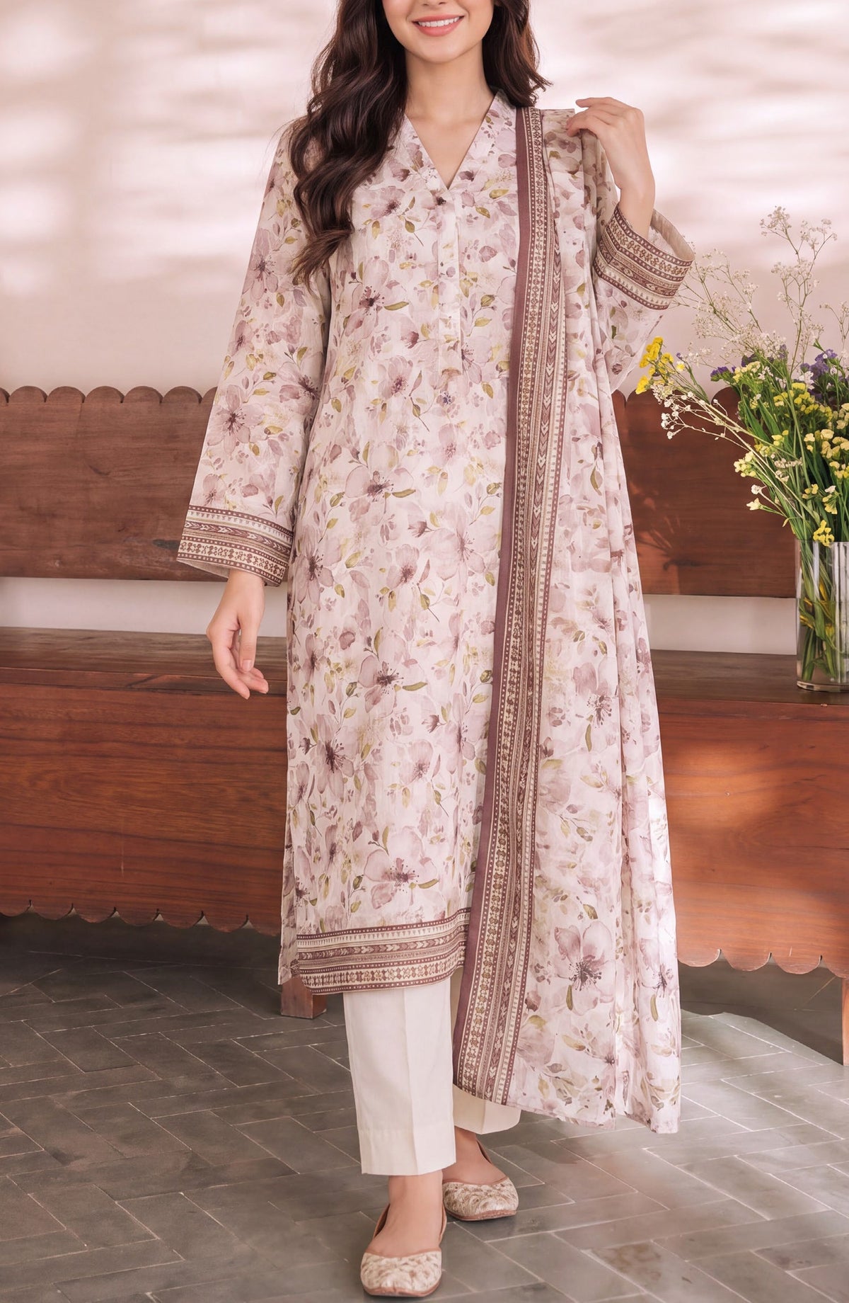 VS Daman Exclusive Printed Cambric Unstitched 3 Piece Suit - D-007 - VS26MB - Off White - Summer Collection