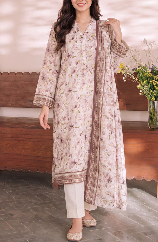 VS Daman Exclusive Printed Cambric Unstitched 3 Piece Suit - D-007 - VS26MB - Off White - Summer Collection