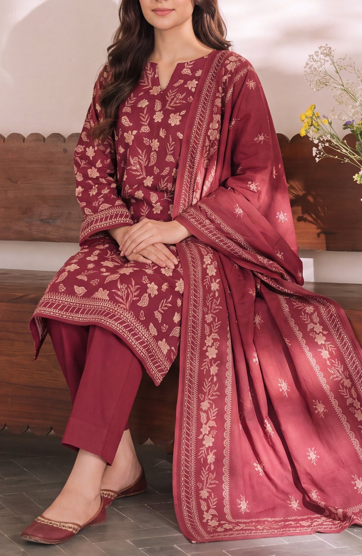 VS Daman Exclusive Printed Cambric Unstitched 3 Piece Suit - D-004 - VS26MB - Red - Summer Collection