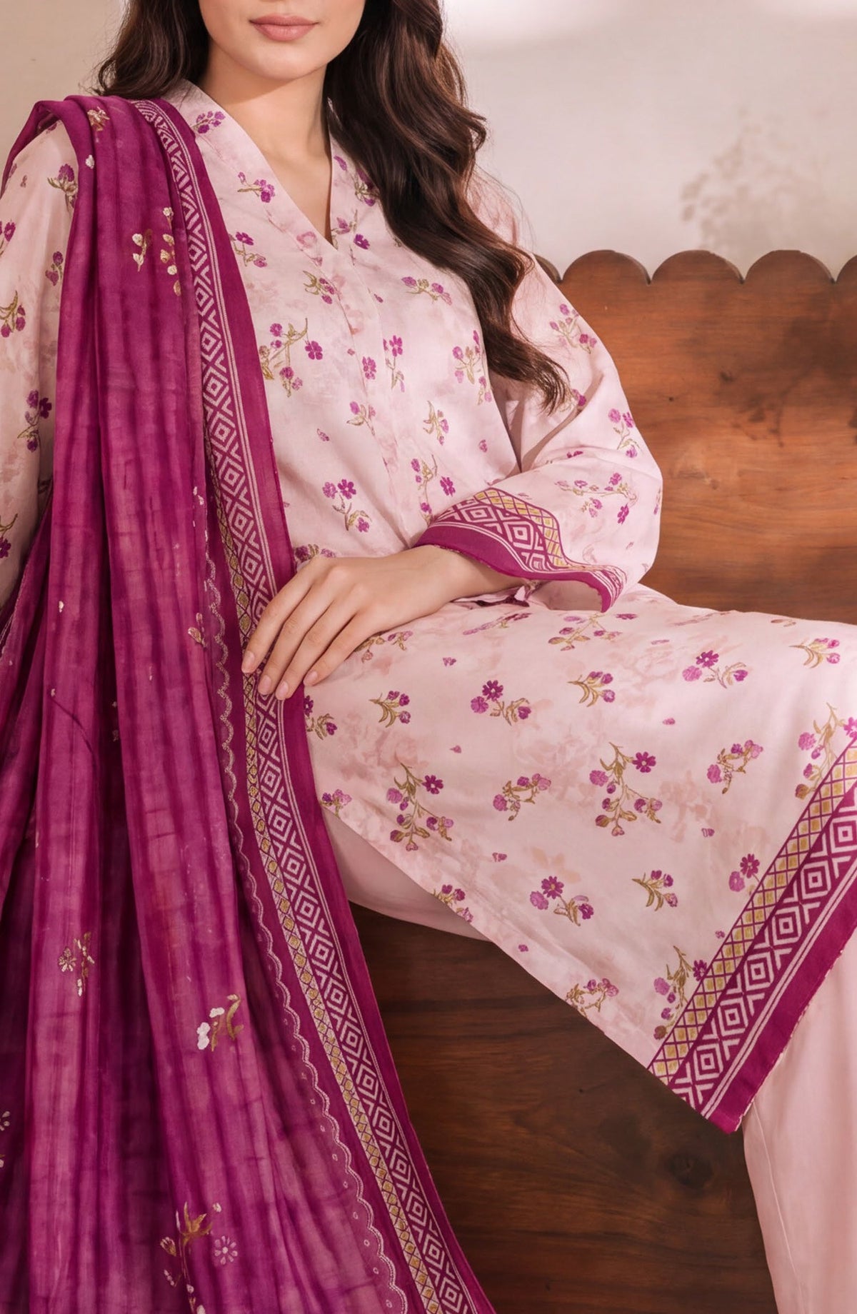 VS Daman Exclusive Printed Cambric Unstitched 3 Piece Suit - D-950 - VS26MB - Pink - Summer Collection