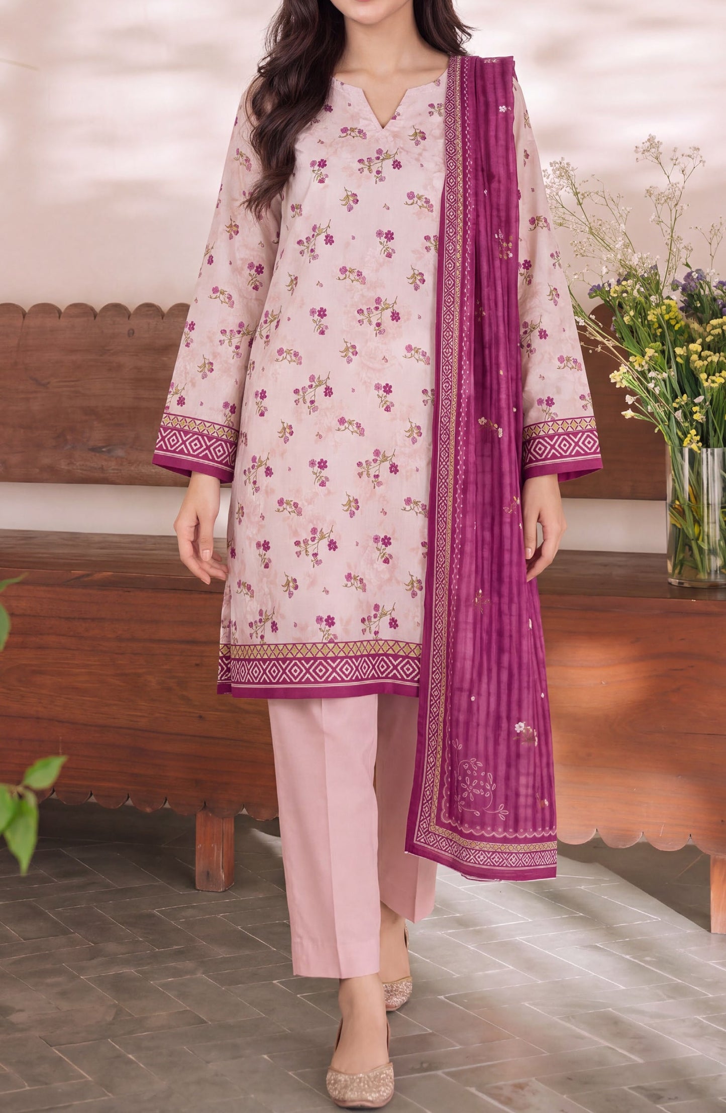 VS Daman Exclusive Printed Cambric Unstitched 3 Piece Suit - D-009 - VS26MB - Pink - Summer Collection