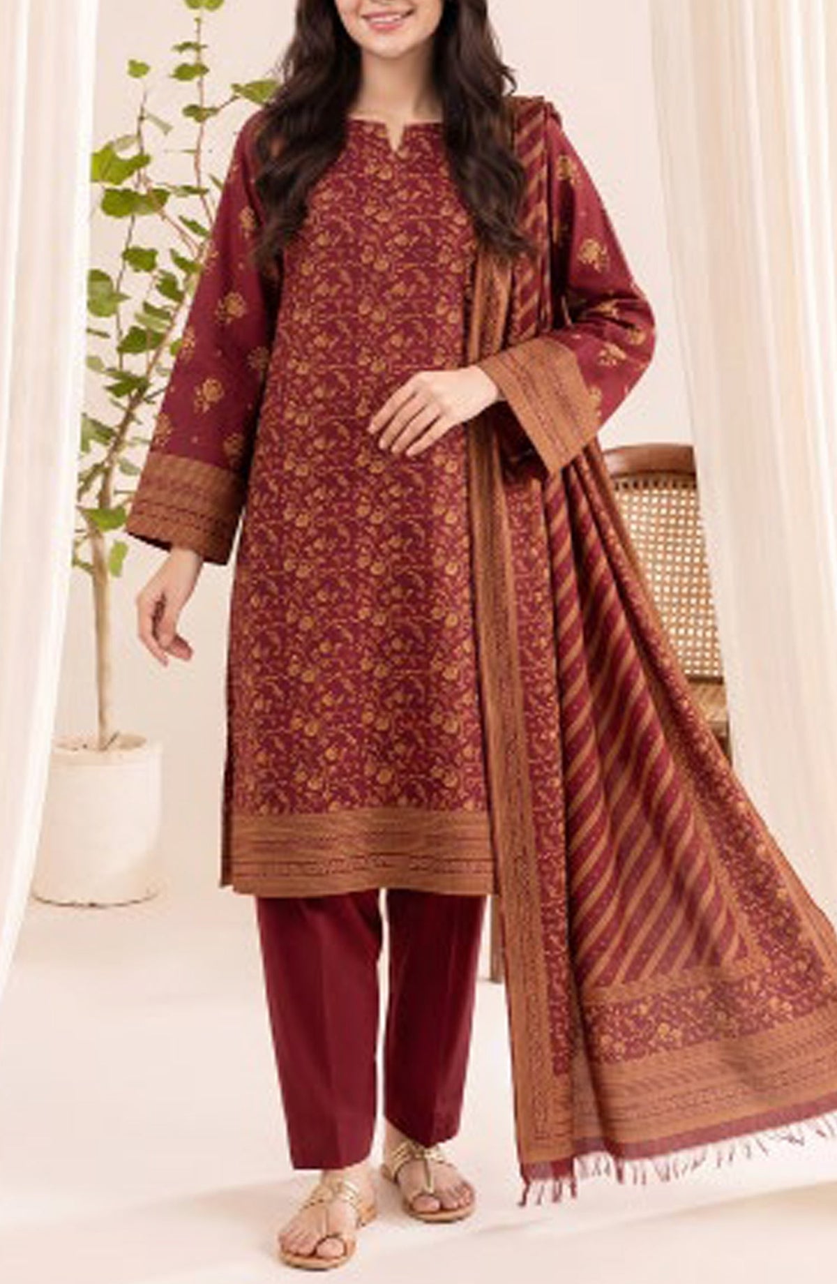 VS Printed Pashmina Unstitched 3 Piece Suit - D-310 A - VS26PM - Maroon - Winter Collection