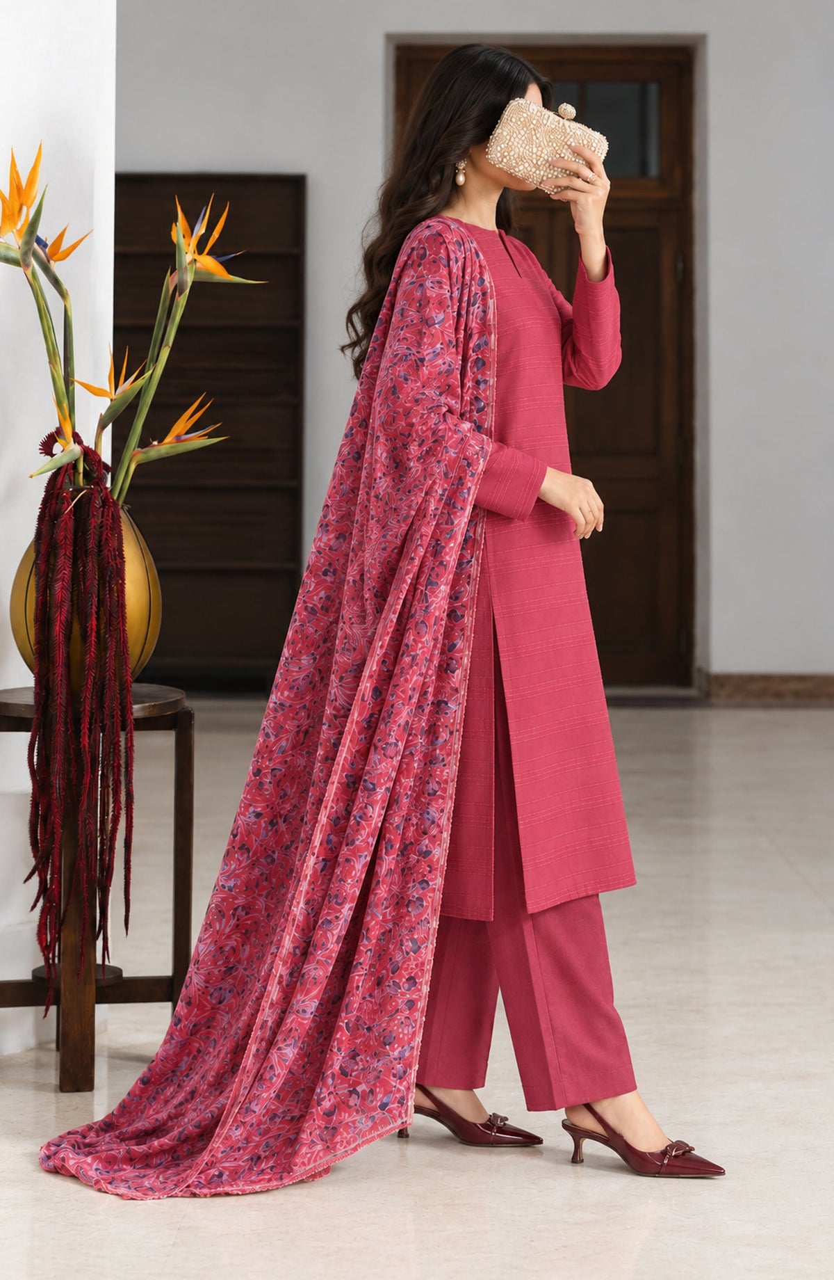 Valentina Ciao by Amna Khadija Dhanak Wool Unstitched 3 Piece Suit - D-09 - AM26VLC - Pink - Winter Collection