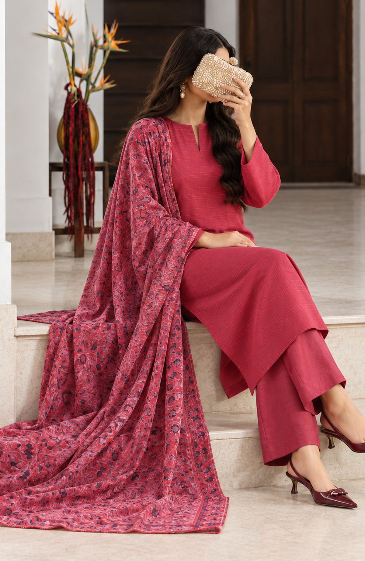 Valentina Ciao by Amna Khadija Dhanak Wool Unstitched 3 Piece Suit - D-09 - AM26VLC - Pink - Winter Collection