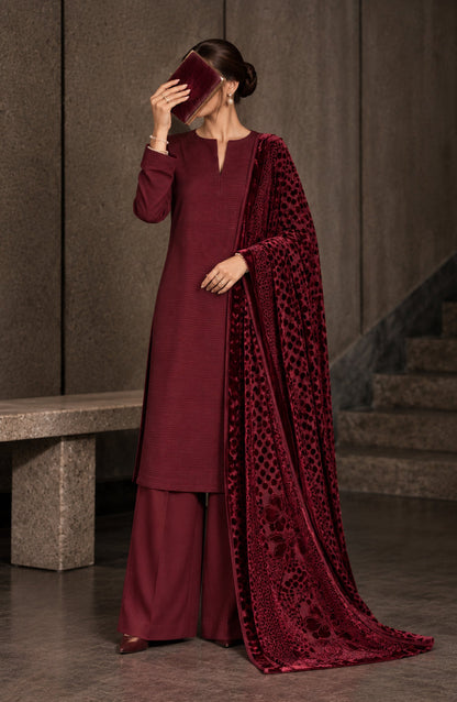 Velluto Milano by Amna Khadija Moonlight Dhanak Unstitched 3 Piece Suit - D-06 - AM26VUL - Maroon - Winter Collection