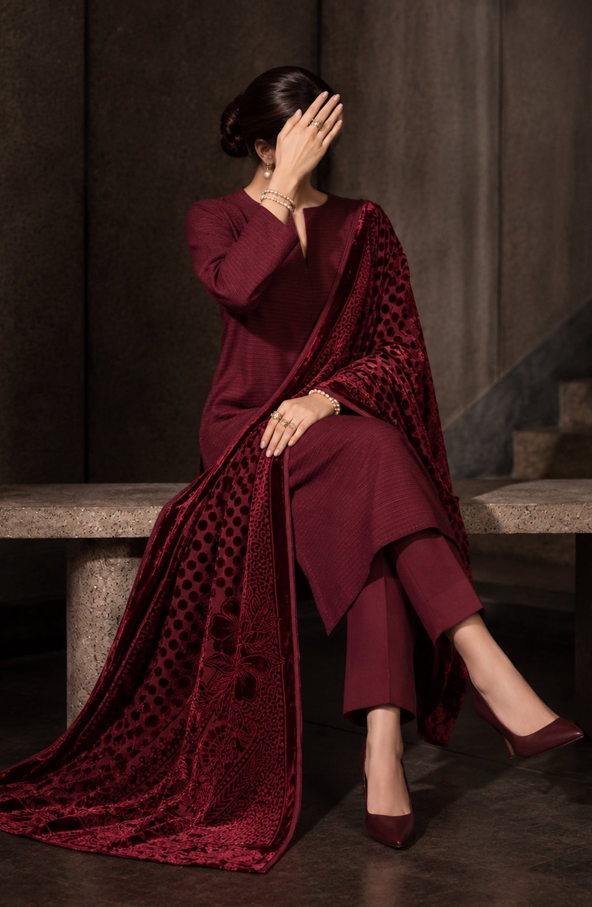 Velluto Milano by Amna Khadija Moonlight Dhanak Unstitched 3 Piece Suit - D-06 - AM26VUL - Maroon - Winter Collection