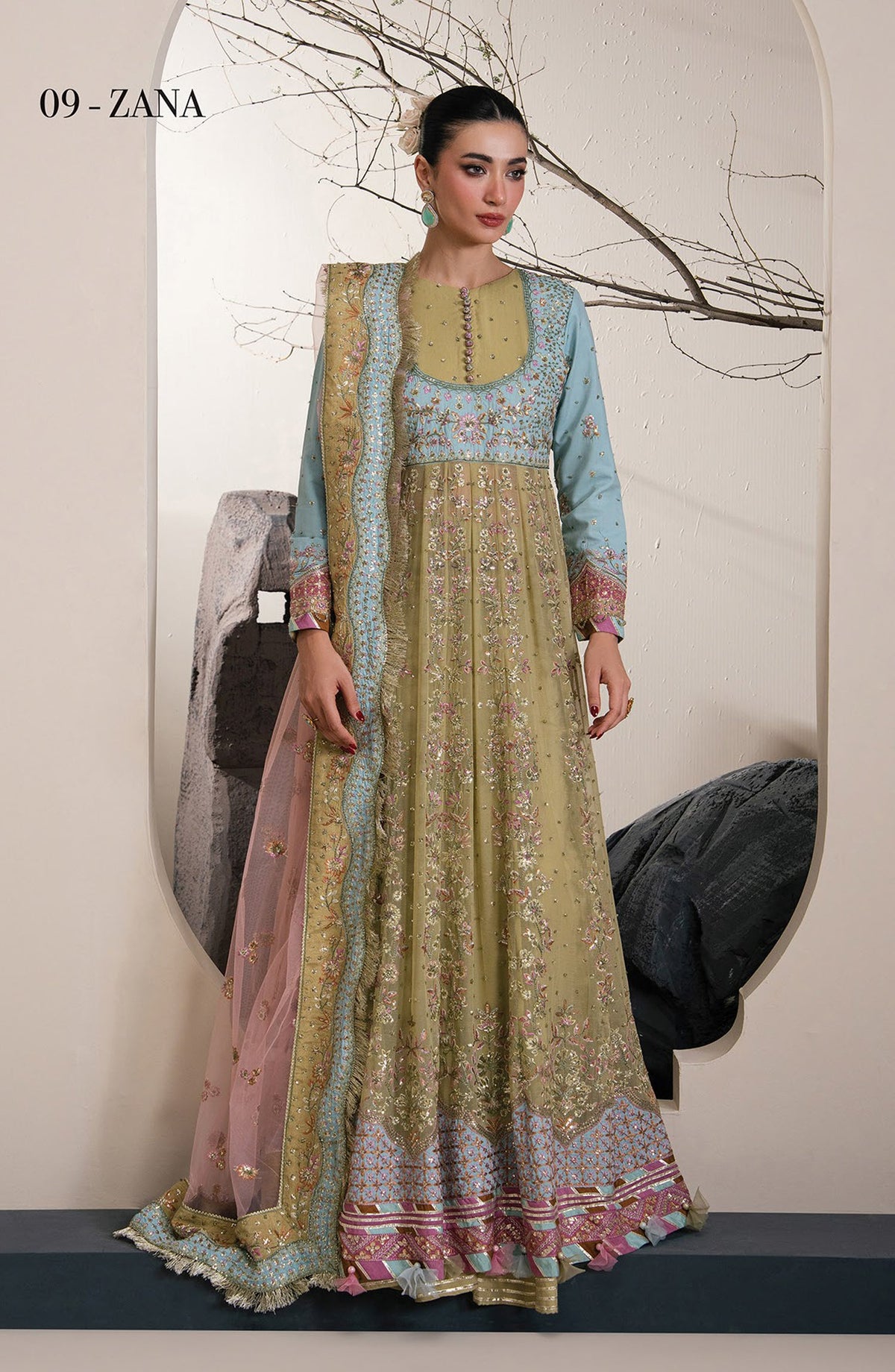 Xenia Kalani Luxury Embroidered Raw Silk Unstitched 3 Piece Suit - 09-Zana - XF26KN - Yellow - Festive Collection