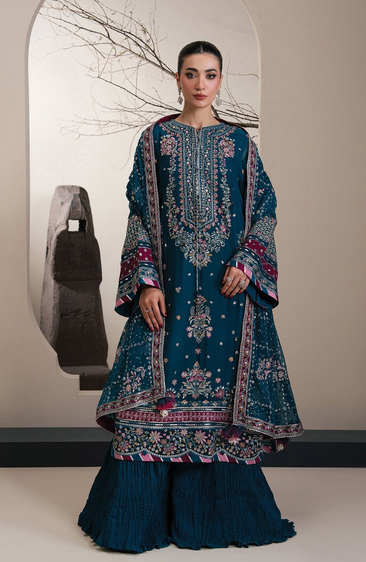 Xenia Kalani Luxury Embroidered Chiffon Unstitched 3 Piece Suit - 05-Yona - XF26KN - Blue - Festive Collection