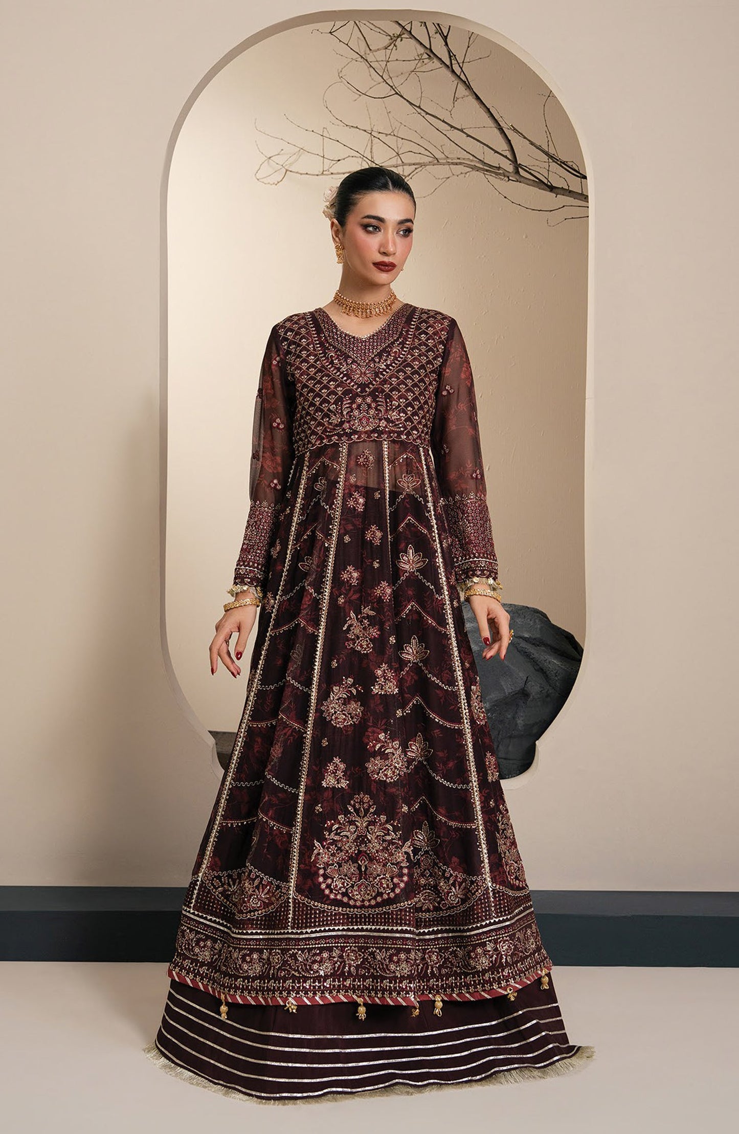 Xenia Kalani Luxury Embroidered Chiffon Unstitched 3 Piece Suit - 04-Olyra - XF26KN - Maroon - Festive Collection