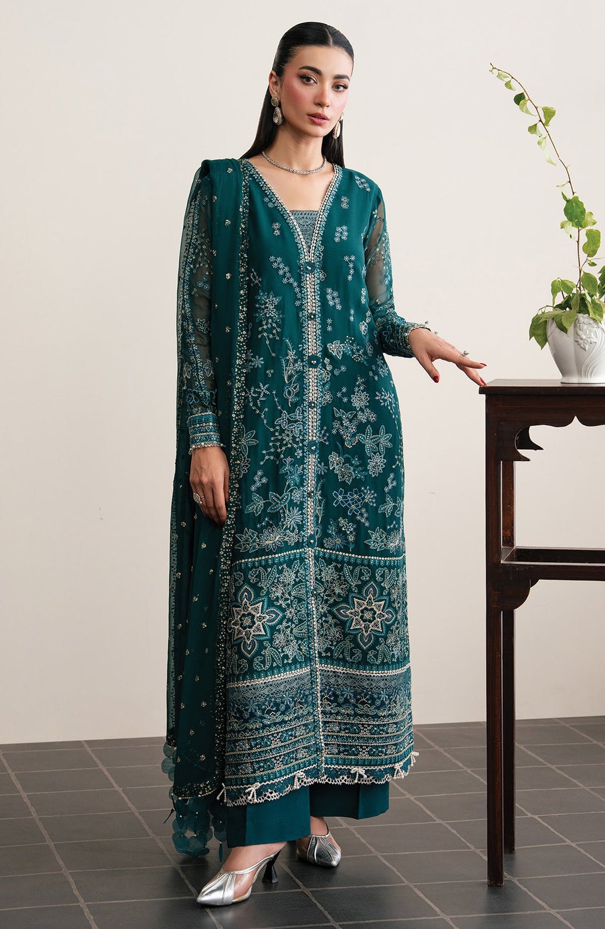 Xenia Kalani Luxury Embroidered Chiffon Unstitched 3 Piece Suit - 02-Azari - XF26KN - Teal - Festive Collection