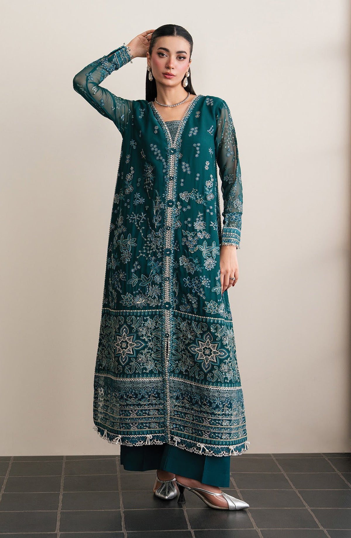 Xenia Kalani Luxury Embroidered Chiffon Unstitched 3 Piece Suit - 02-Azari - XF26KN - Teal - Festive Collection