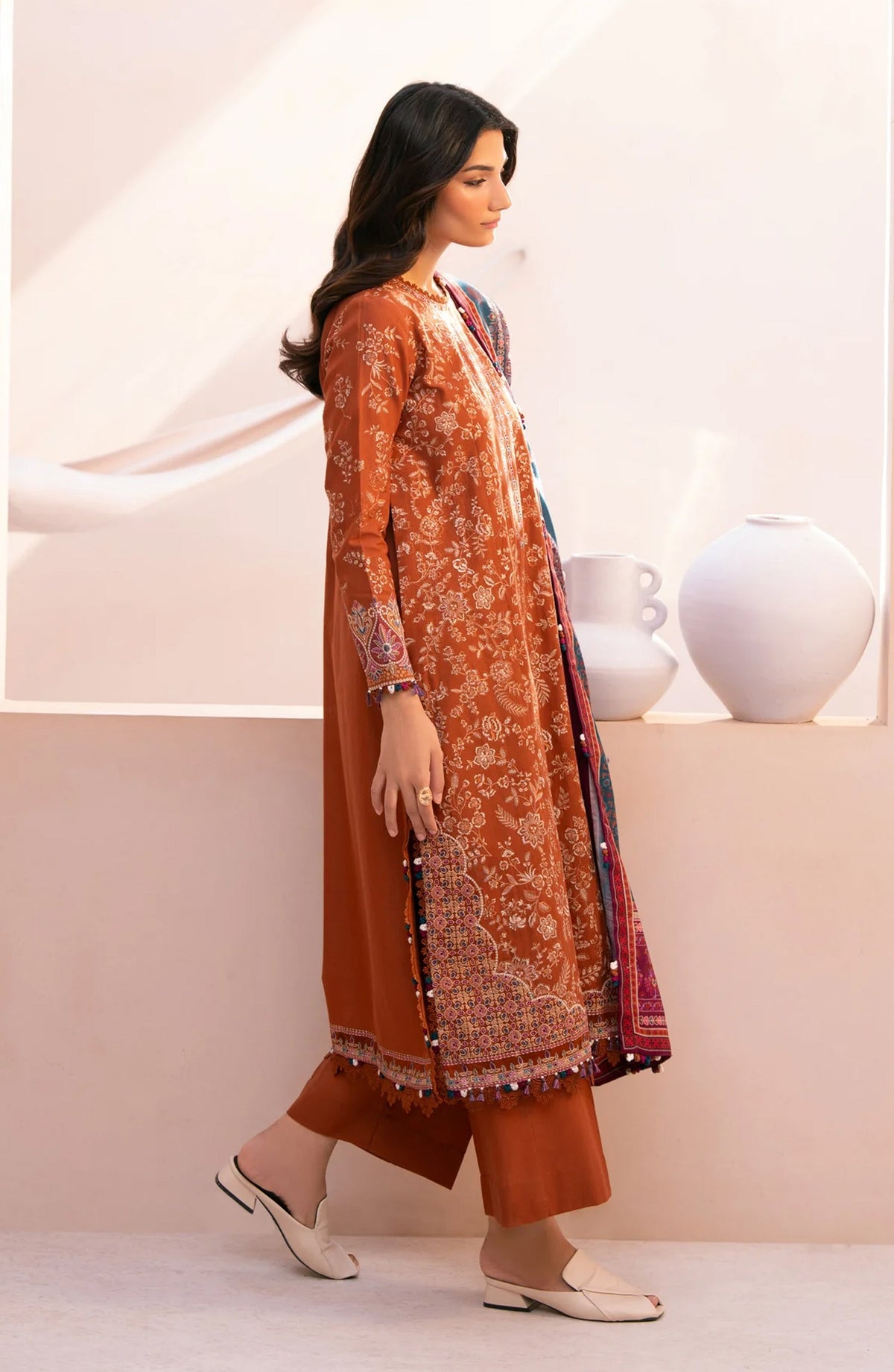 Xenia Rang e Khizaan Embroidered Slub Khaddar Unstitched 3 Piece Suit - D-07 SALIAH - XF25RNG - Rust - Winter Collection