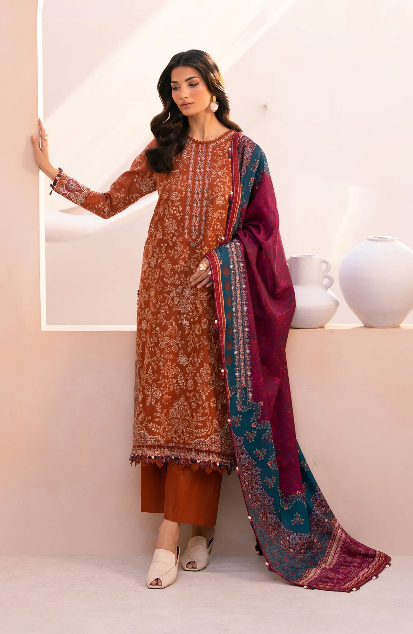Xenia Rang e Khizaan Embroidered Slub Khaddar Unstitched 3 Piece Suit - D-07 SALIAH - XF25RNG - Rust - Winter Collection