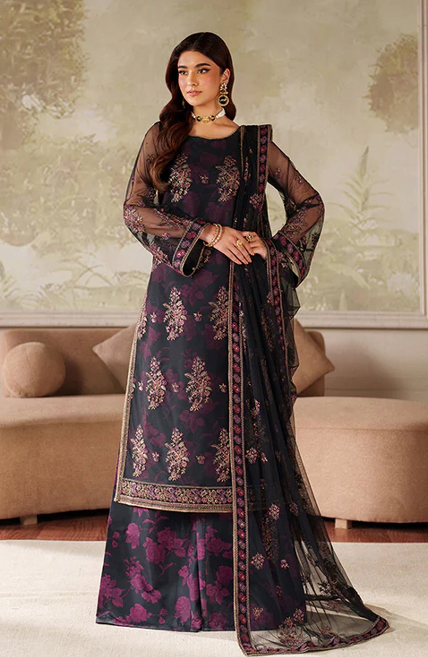 Zaneera by Zarif Embroidered Net Unstitched 3 Piece Suit - ZRF-ZPE-05 ASHAAL - ZRF25ZNR - Blue - Formals Collection