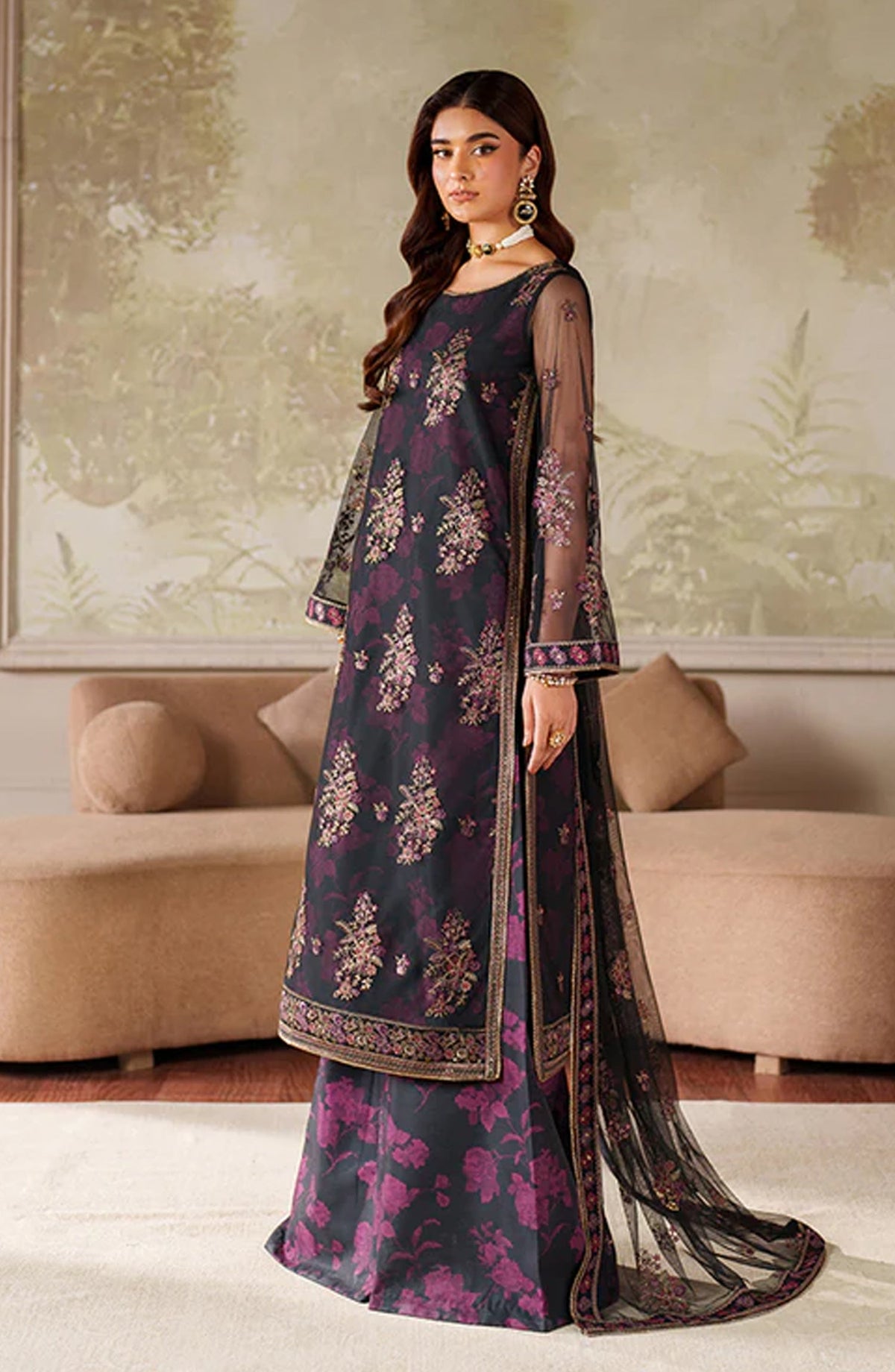 Zaneera by Zarif Embroidered Net Unstitched 3 Piece Suit - ZRF-ZPE-05 ASHAAL - ZRF25ZNR - Blue - Formals Collection
