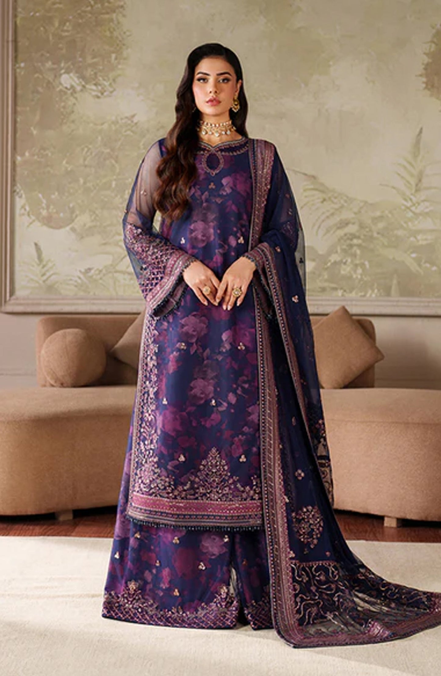 Zaneera by Zarif Embroidered Net Unstitched 3 Piece Suit - ZRF-ZPE-03 ASRA - ZRF25ZNR - Purple - Formals Collection