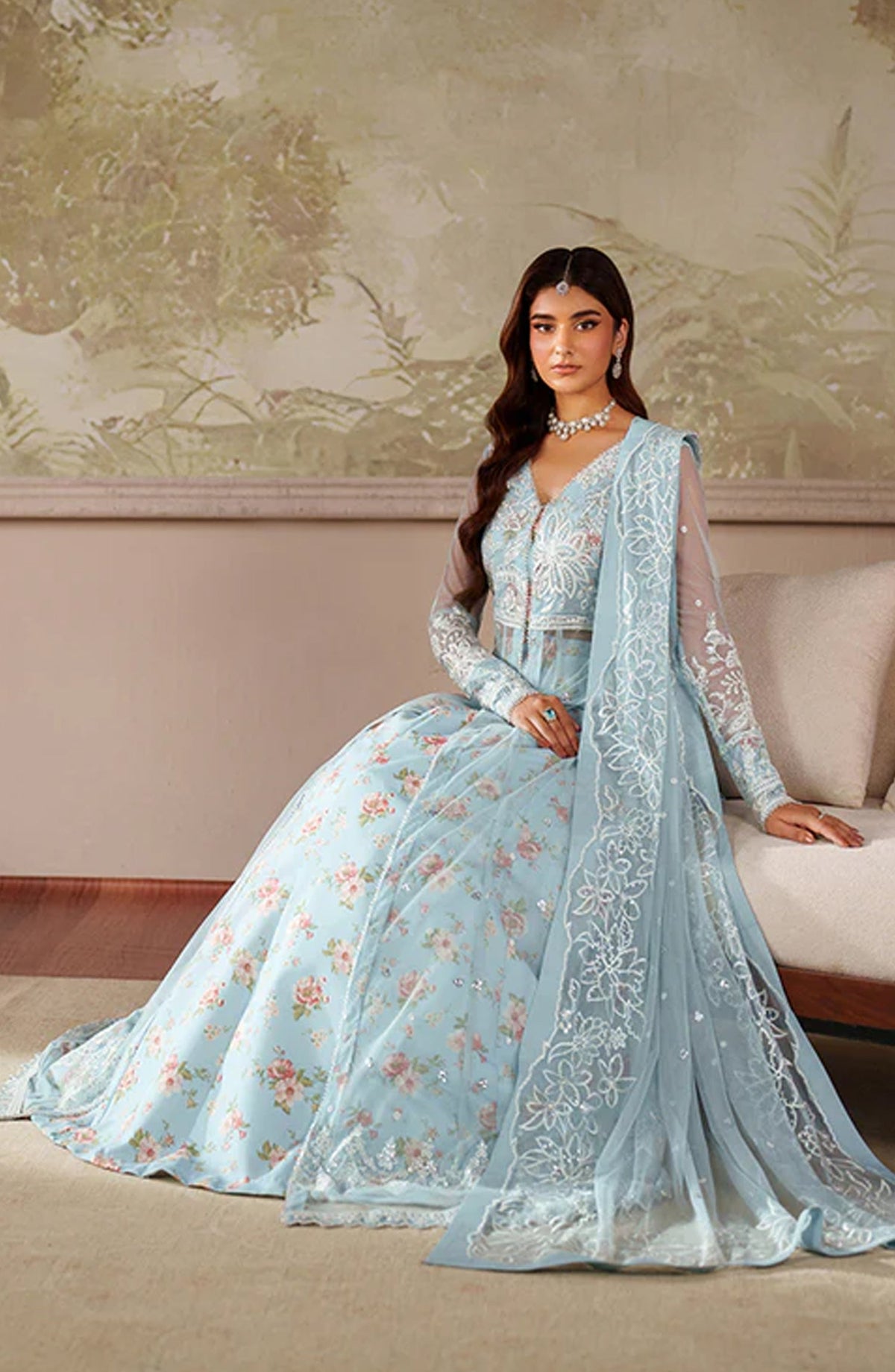 Zaneera by Zarif Embroidered Net Unstitched 3 Piece Suit - ZRF-ZPE-02 AROOSH - ZRF25ZNR - Blue - Formals Collection