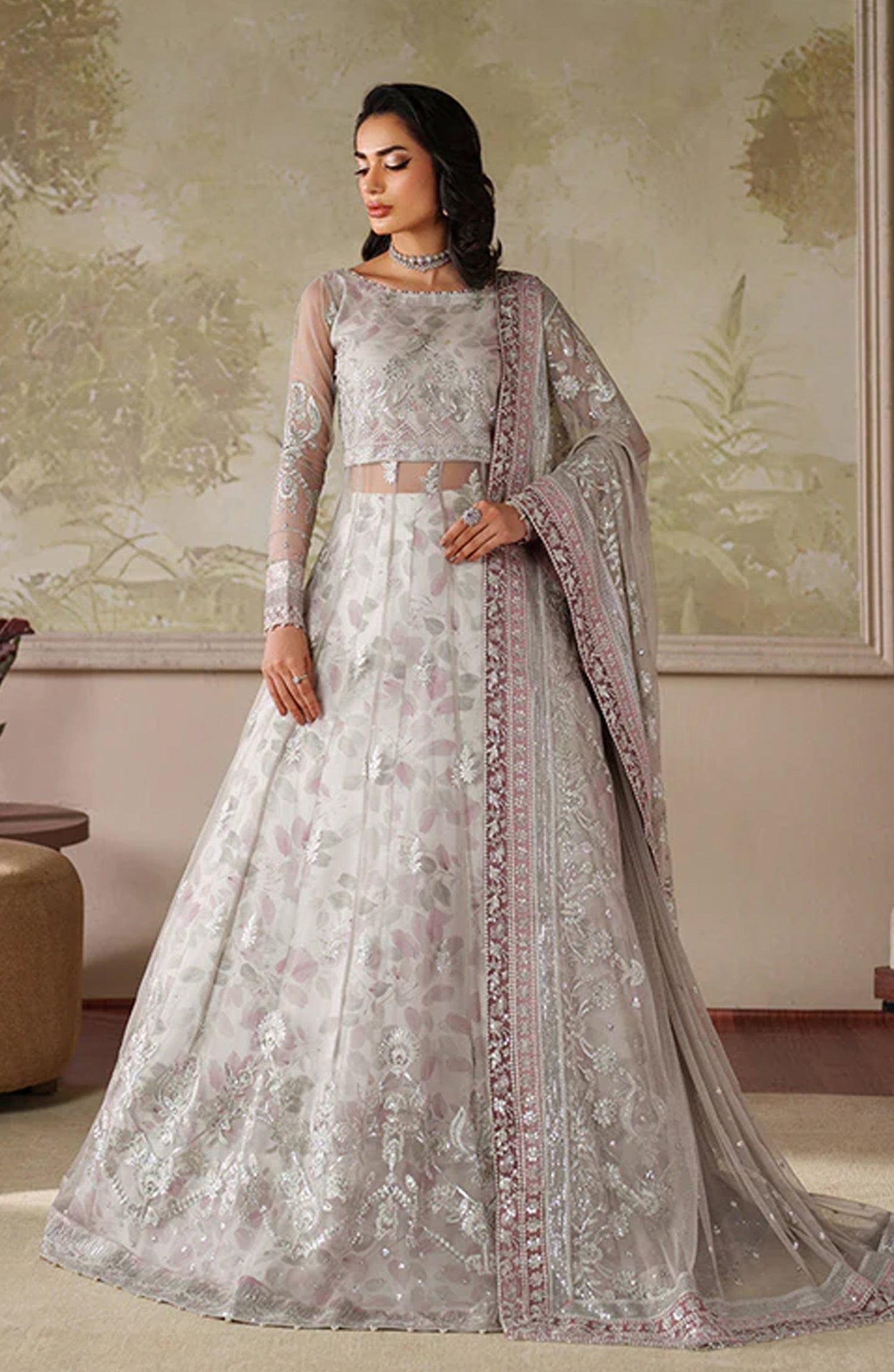 Zaneera by Zarif Embroidered Net Unstitched 3 Piece Suit - ZRF-ZPE-01 ANAIRAH - ZRF25ZNR - Grey - Formals Collection