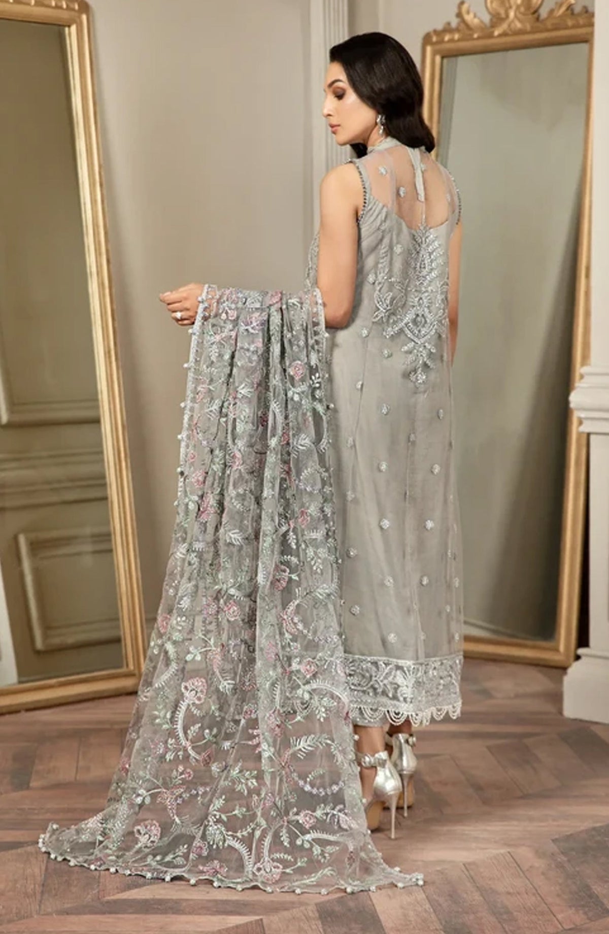 Zarif Luxury Embroidered Net Unstitched 3 Piece Suit - 01 Grace - ZRF26GR - Silver Grey - Festive Collection