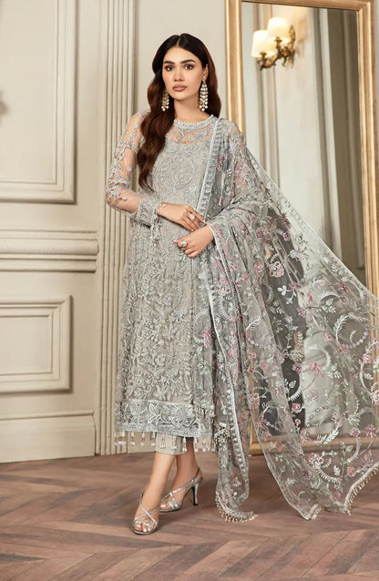 Zarif Luxury Embroidered Net Unstitched 3 Piece Suit - 01 Grace - ZRF26GR - Silver Grey - Festive Collection