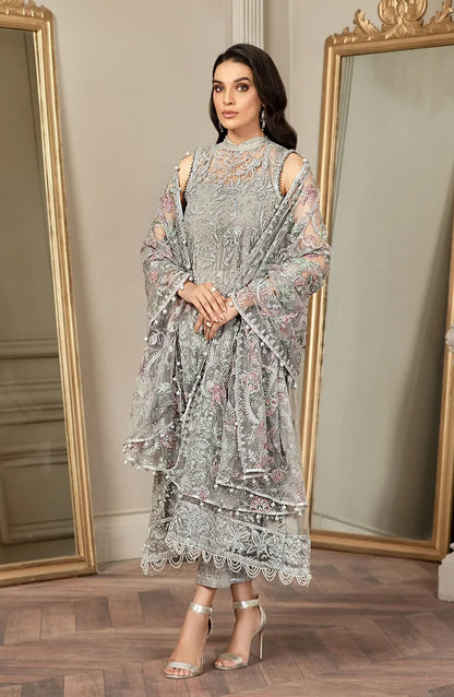Zarif Luxury Embroidered Net Unstitched 3 Piece Suit - 01 Grace - ZRF26GR - Silver Grey - Festive Collection