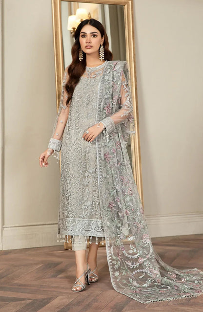 Zarif Luxury Embroidered Net Unstitched 3 Piece Suit - 01 Grace - ZRF26GR - Silver Grey - Festive Collection