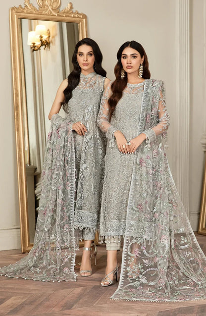 Zarif Luxury Embroidered Net Unstitched 3 Piece Suit - 01 Grace - ZRF26GR - Silver Grey - Festive Collection