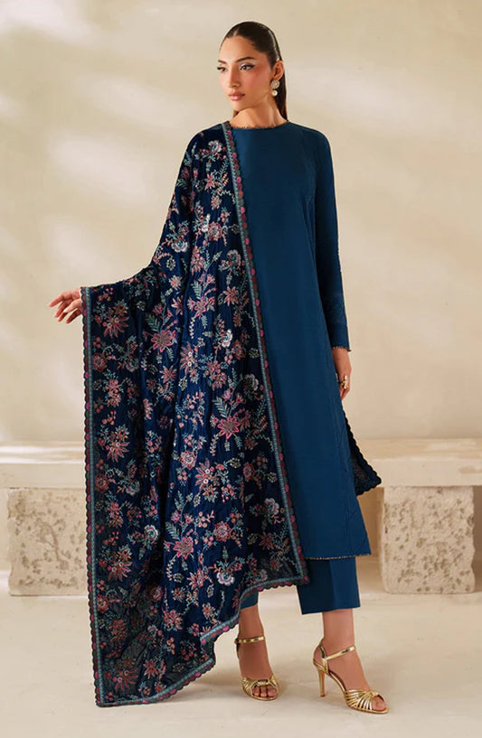 Zarif Exclusive Embroidered Raw Silk Unstitched 3 Piece Suit - ZRF-VS-01 - ZRF25ECL - Blue - Winter Collection