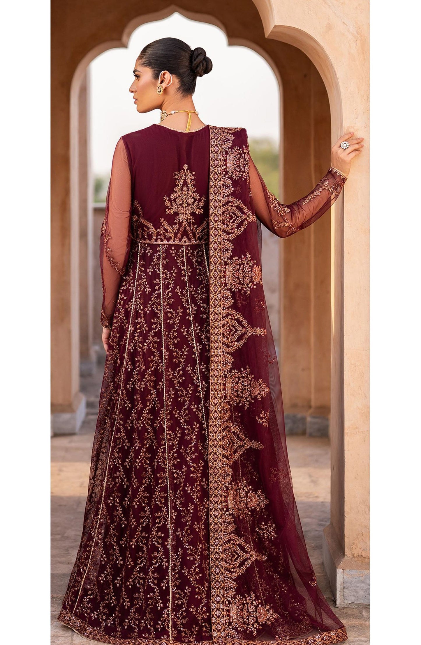 Sahiba by Zarif Luxury Embroidered Net Unstitched 3 Piece Suit - ZRF25SHB - UNST-SBA-01 ELIF - Maroon - Festive Collection