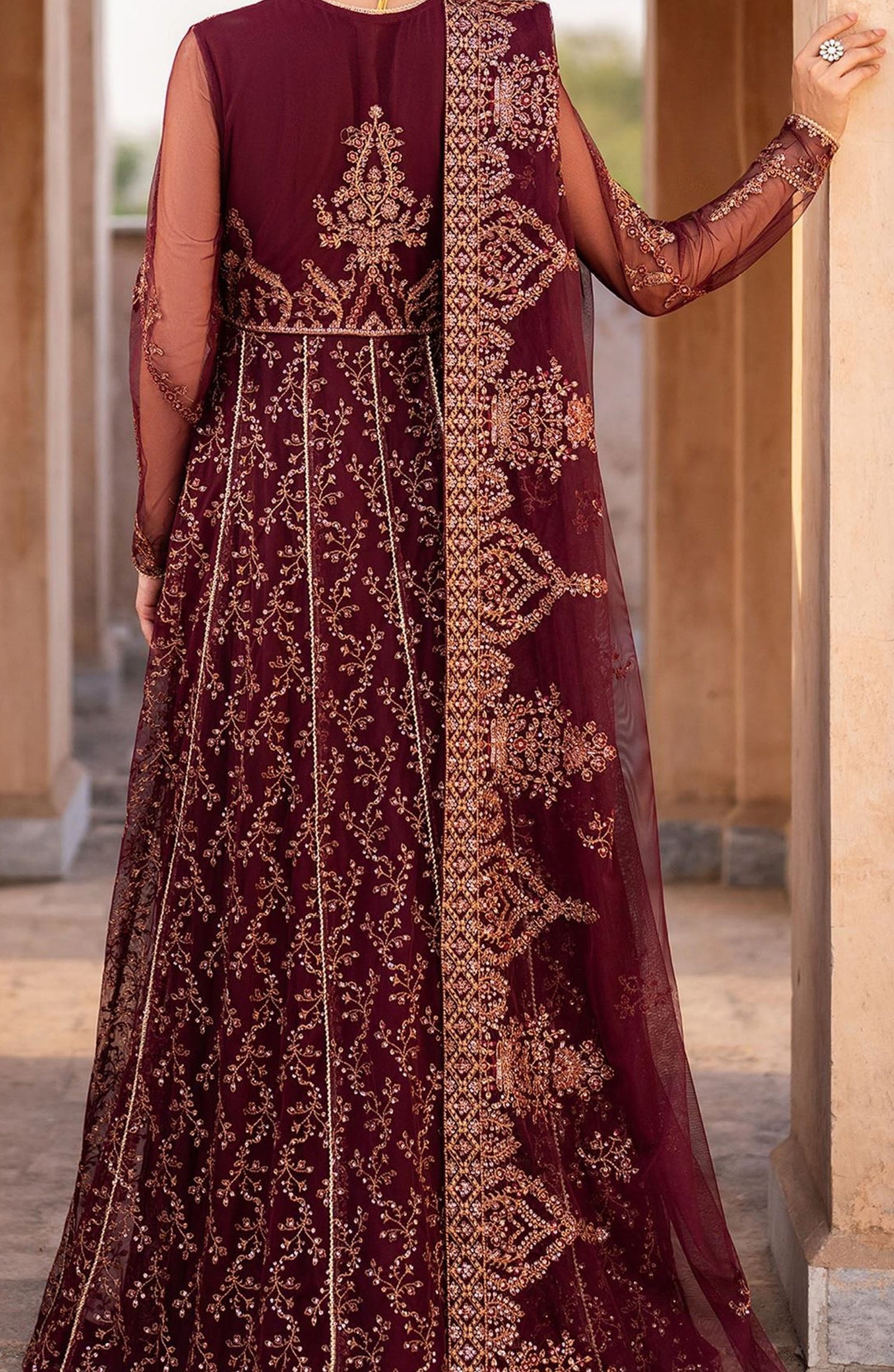 Sahiba by Zarif Luxury Embroidered Net Unstitched 3 Piece Suit - ZRF25SHB - UNST-SBA-01 ELIF - Maroon - Festive Collection