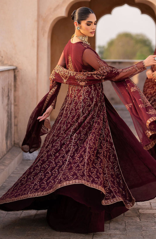 Sahiba by Zarif Luxury Embroidered Net Unstitched 3 Piece Suit - ZRF25SHB - UNST-SBA-01 ELIF - Maroon - Festive Collection