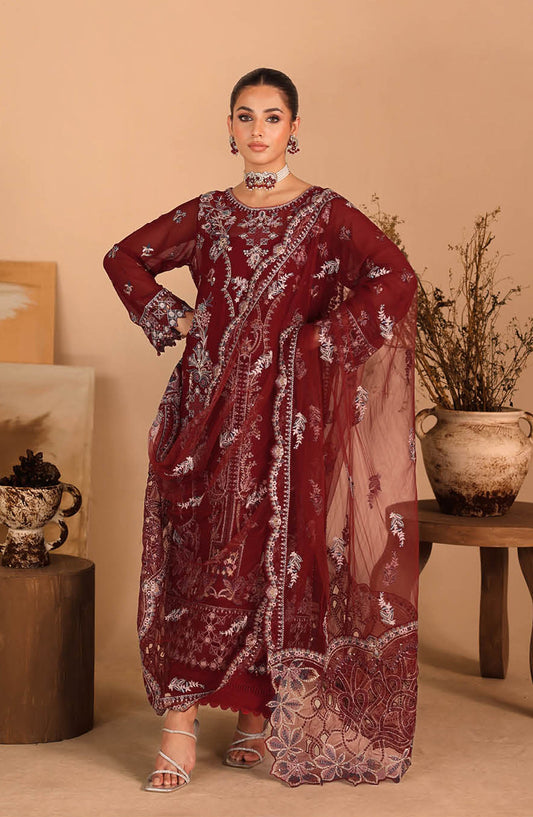 Kashish by Ramsha Luxury Embroidered Chiffon Unstitched 3 Piece Suit - RM25KSH - K-306 - Maroon - Festive Collection