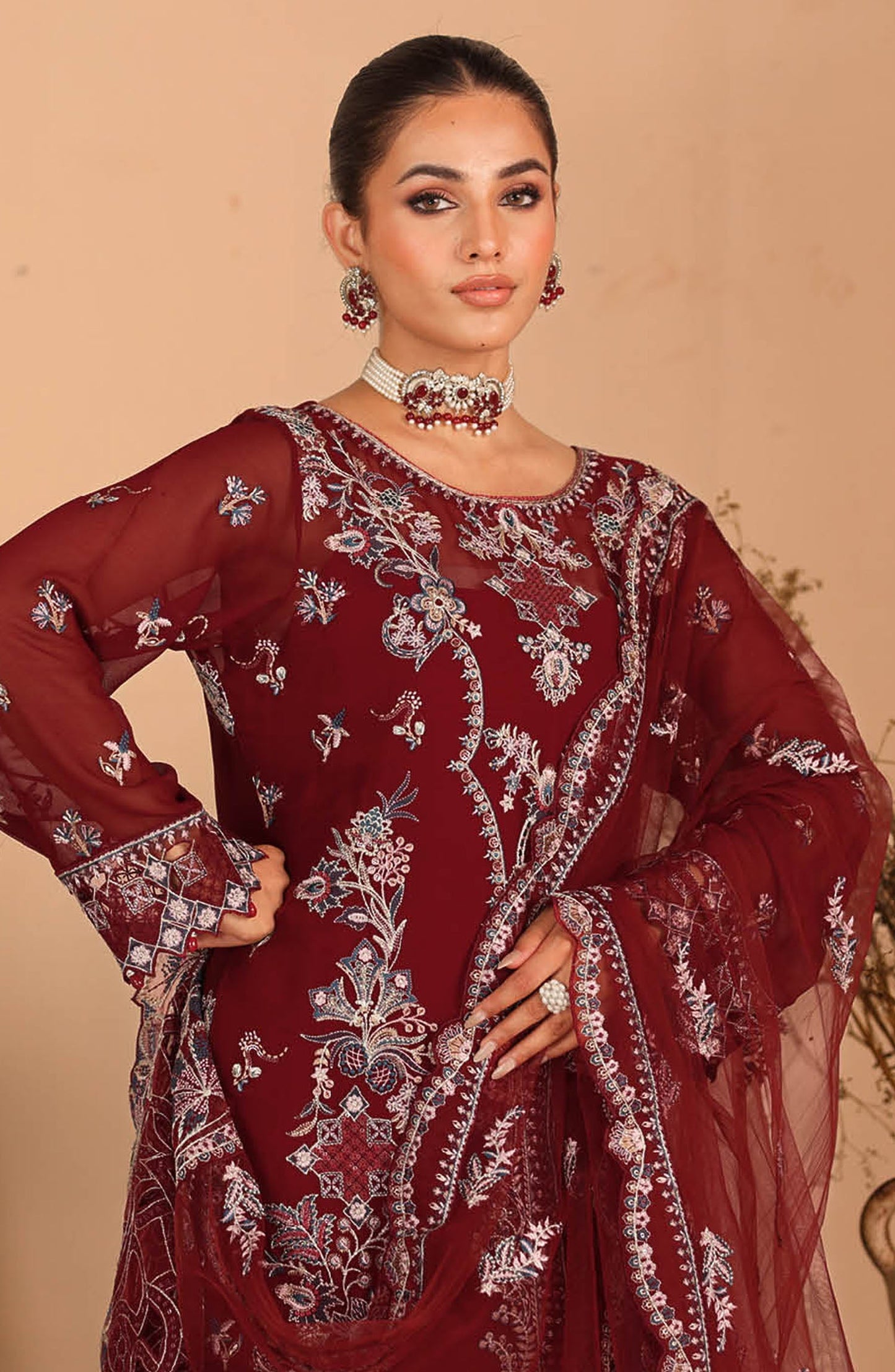 Kashish by Ramsha Luxury Embroidered Chiffon Unstitched 3 Piece Suit - RM25KSH - K-306 - Maroon - Festive Collection