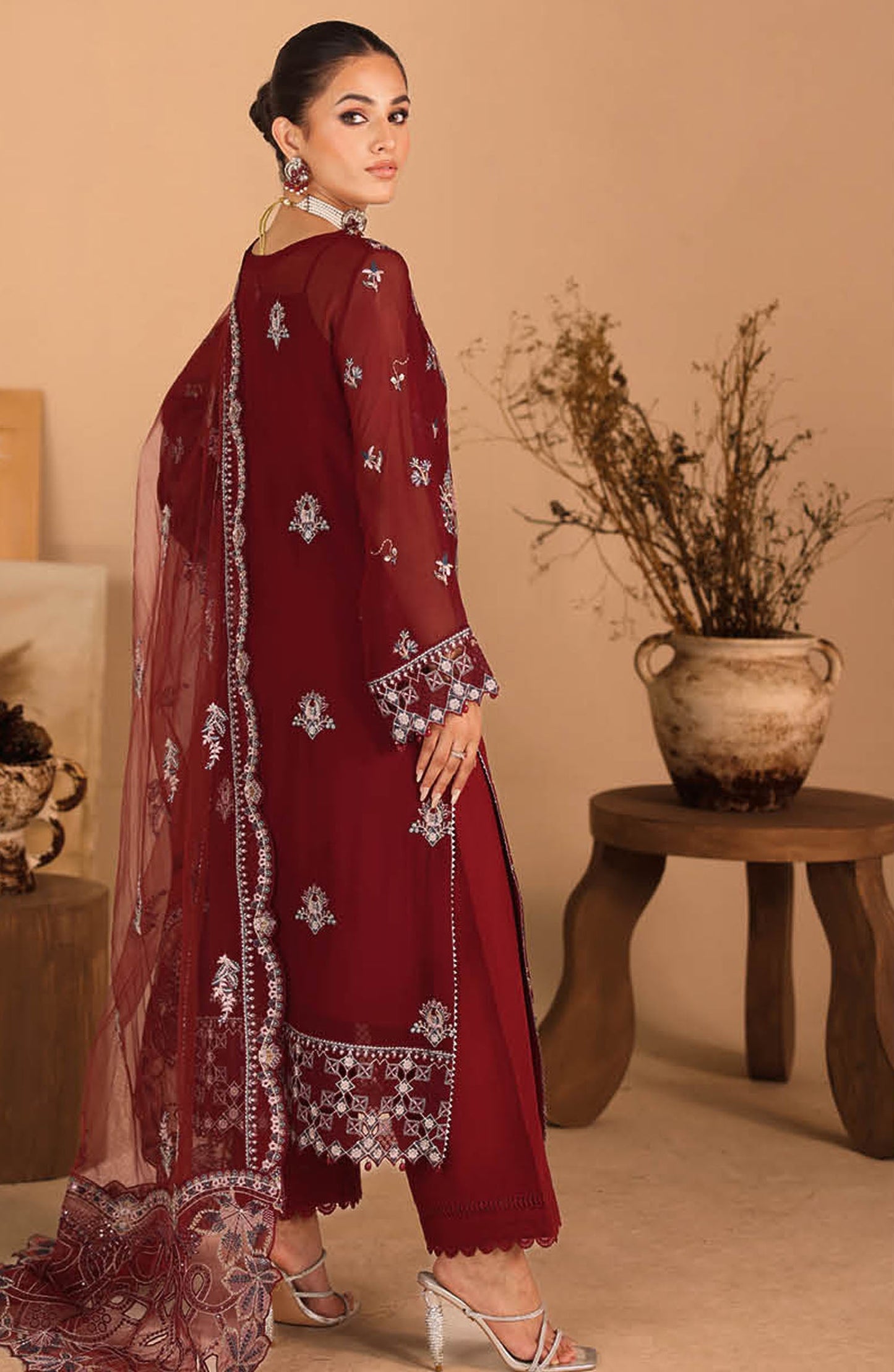 Kashish by Ramsha Luxury Embroidered Chiffon Unstitched 3 Piece Suit - RM25KSH - K-306 - Maroon - Festive Collection