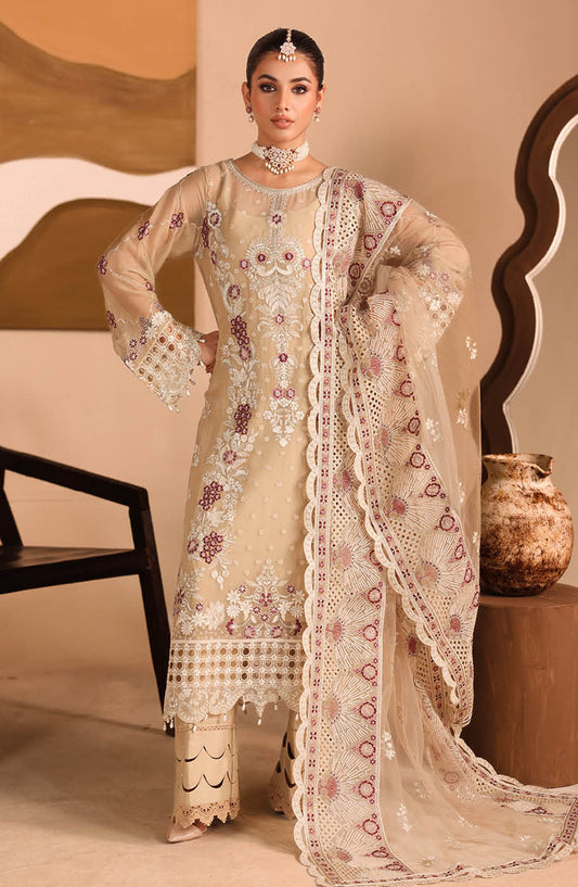 Kashish by Ramsha Luxury Embroidered Chiffon Unstitched 3 Piece Suit - RM25KSH - K-303 - Beige - Festive Collection
