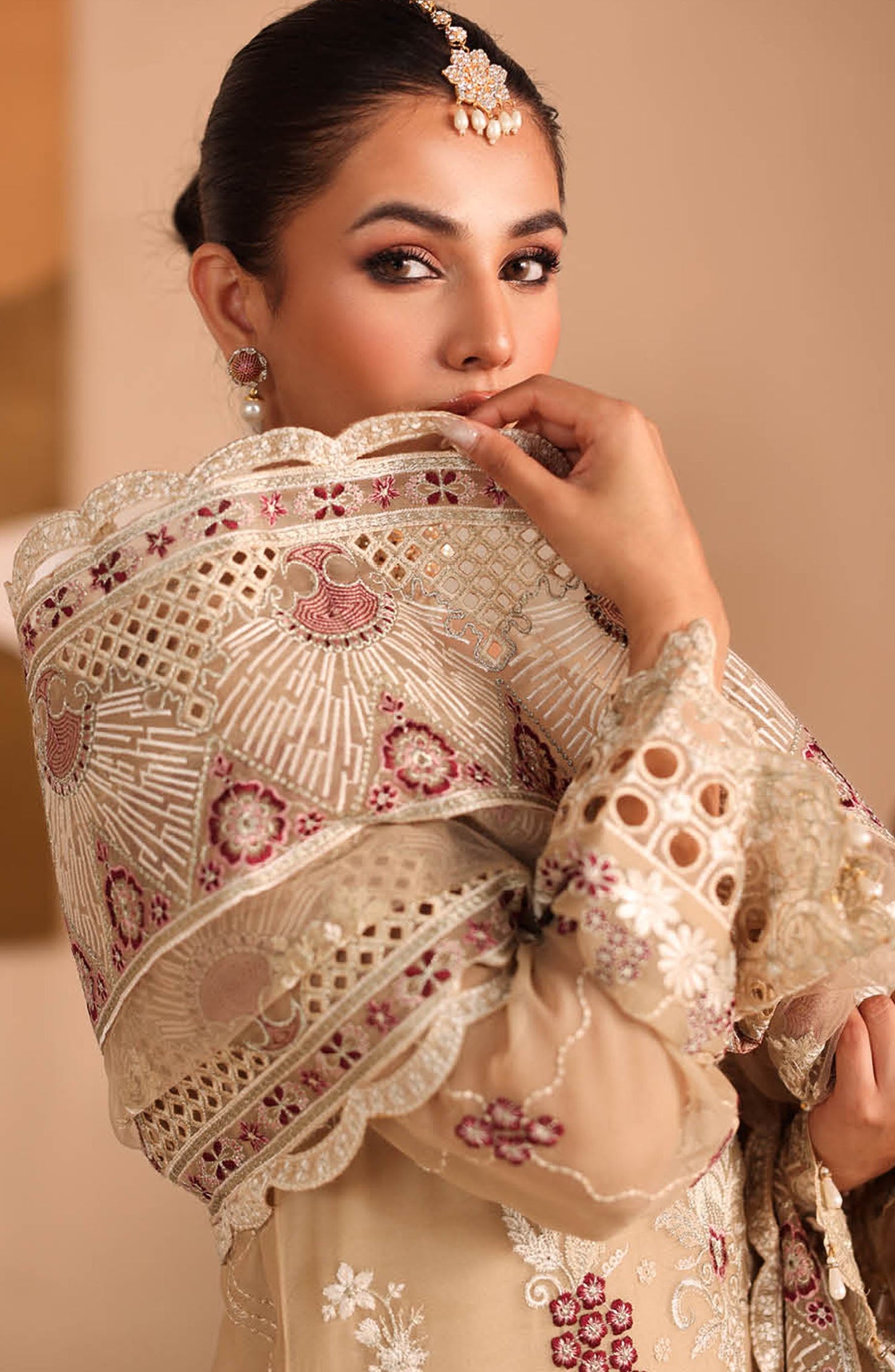 Kashish by Ramsha Luxury Embroidered Chiffon Unstitched 3 Piece Suit - RM25KSH - K-303 - Beige - Festive Collection