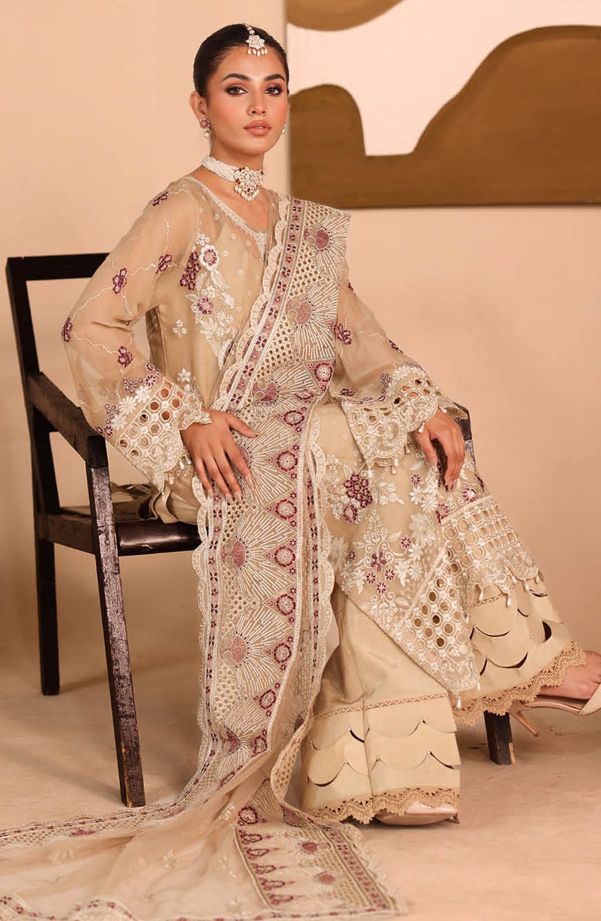 Kashish by Ramsha Luxury Embroidered Chiffon Unstitched 3 Piece Suit - RM25KSH - K-303 - Beige - Festive Collection