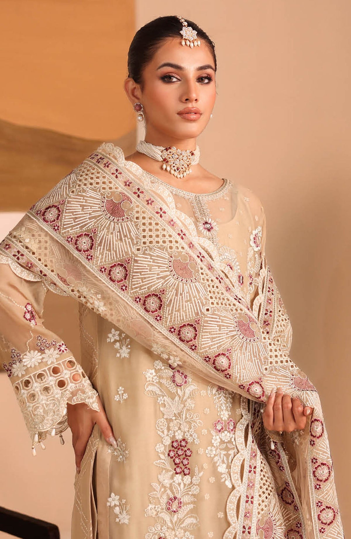 Kashish by Ramsha Luxury Embroidered Chiffon Unstitched 3 Piece Suit - RM25KSH - K-303 - Beige - Festive Collection