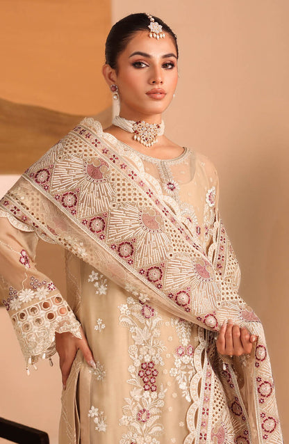 Kashish by Ramsha Luxury Embroidered Chiffon Unstitched 3 Piece Suit - RM25KSH - K-303 - Beige - Festive Collection