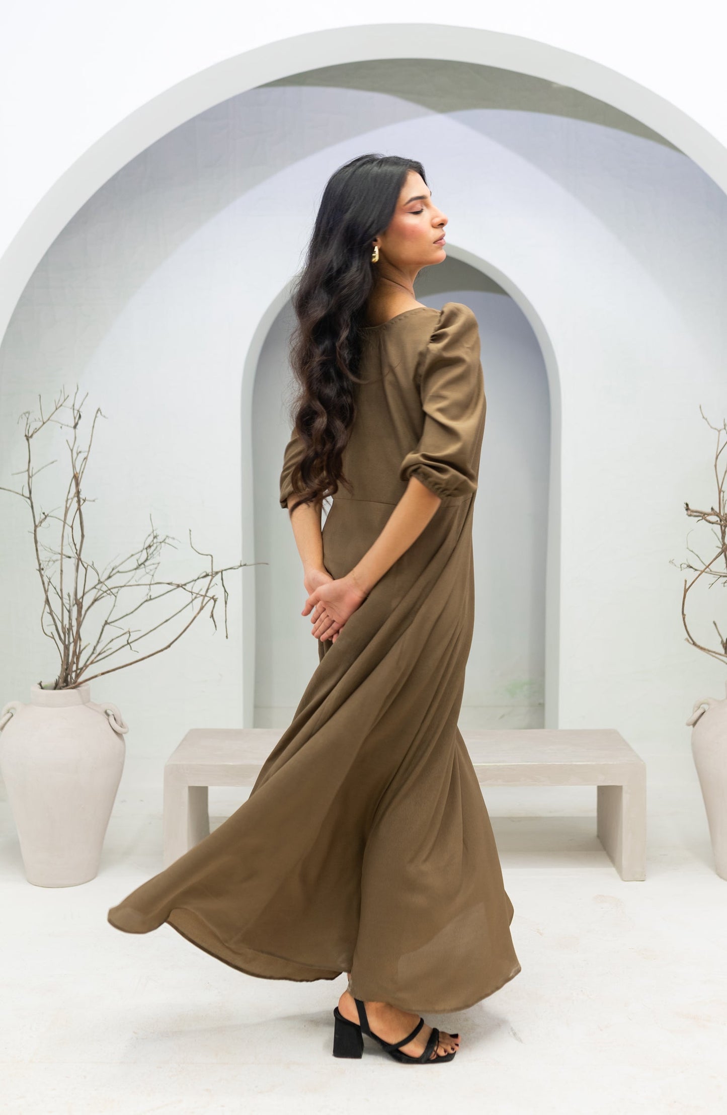 Zauk Basics Solid Printed Wrinkle-free crepe Stitched 1 Piece Dress - Khaki Long Dress - ZK25BSO - Casual Collection