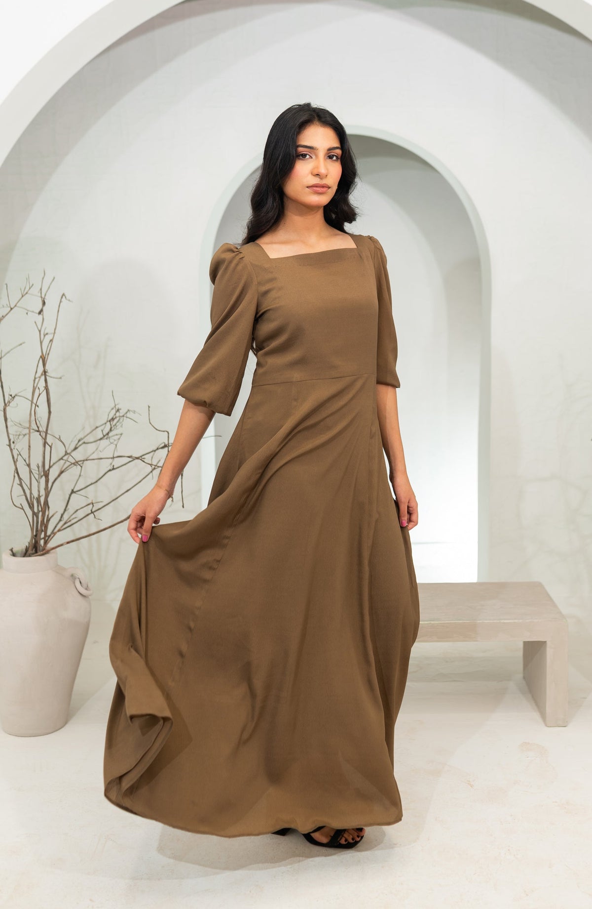 Zauk Basics Solid Printed Wrinkle-free crepe Stitched 1 Piece Dress - Khaki Long Dress - ZK25BSO - Casual Collection