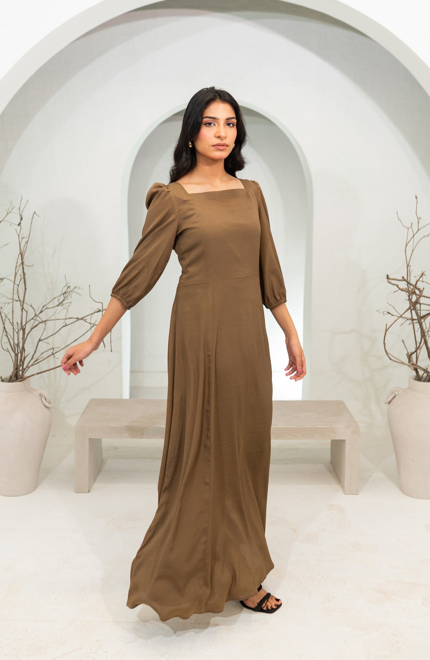 Zauk Basics Solid Printed Wrinkle-free crepe Stitched 1 Piece Dress - Khaki Long Dress - ZK25BSO - Casual Collection
