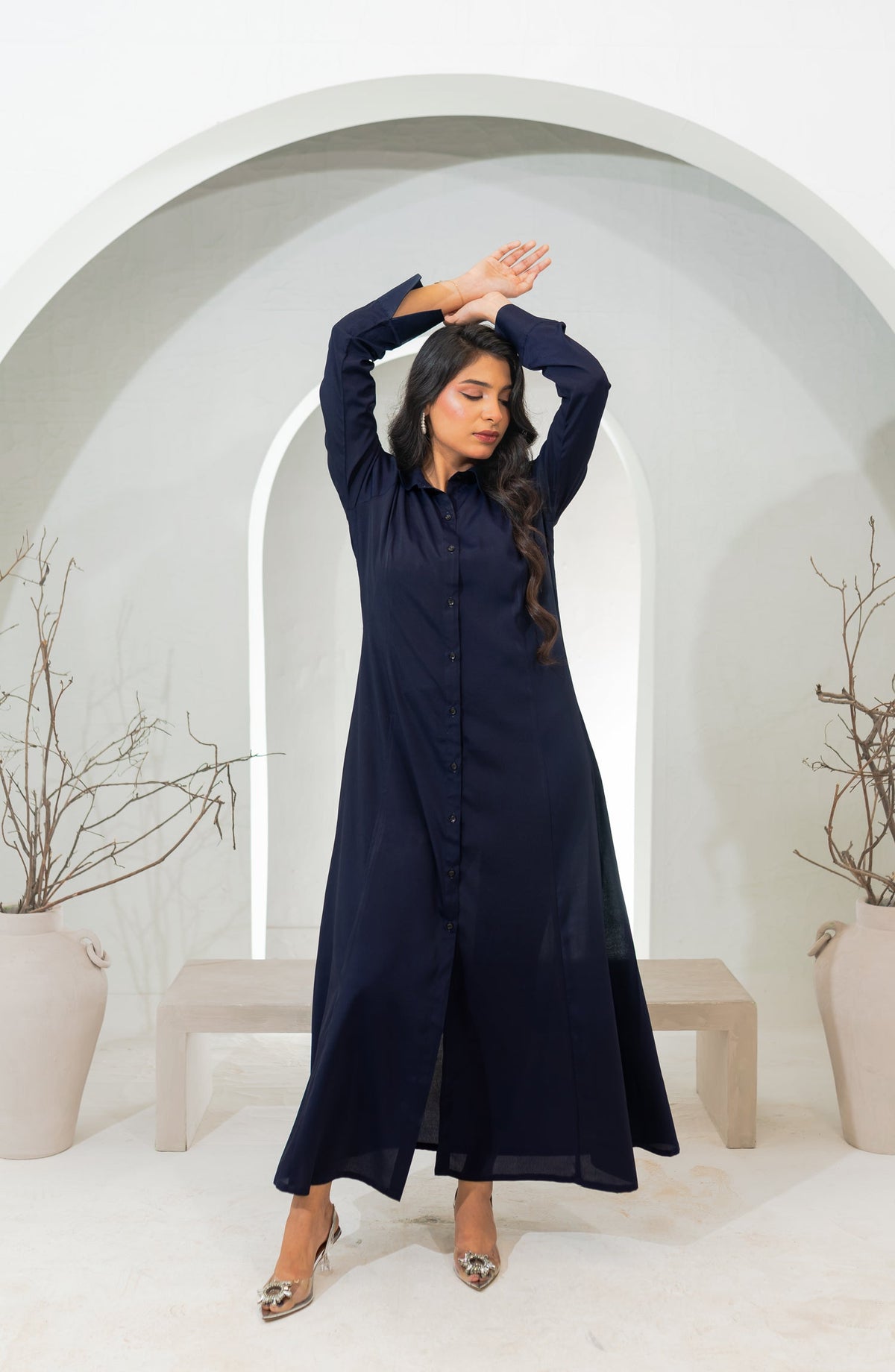 Zauk Basics Solid Printed Wrinkle-free crepe Stitched 1 Piece Dress - French Navy - ZK25BSO - Casual Collection
